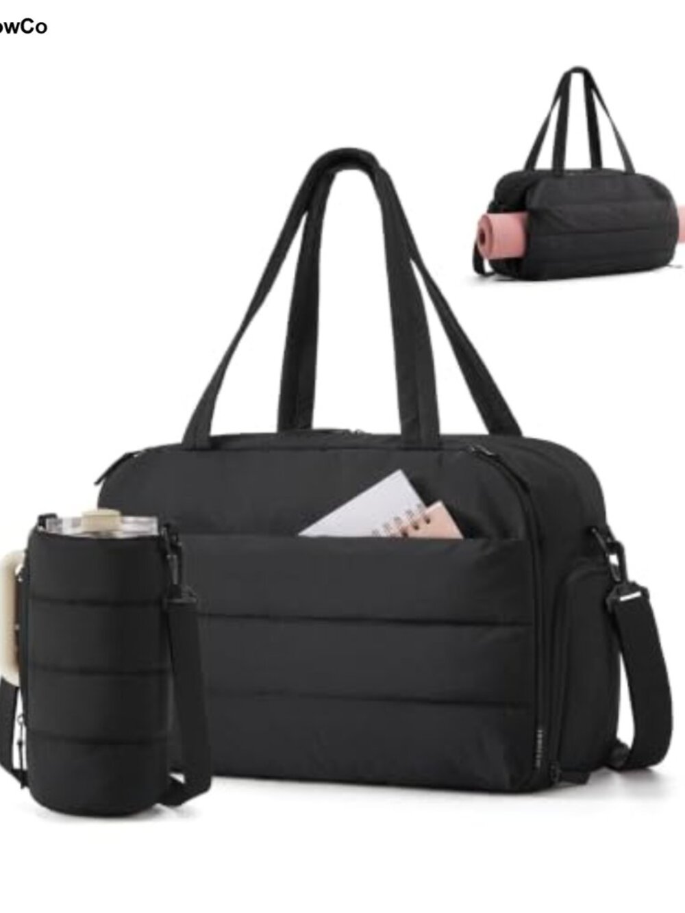 2-Piece Quilted Duffel Bag Set w Yoga Mat Holder & Shoe Compartment